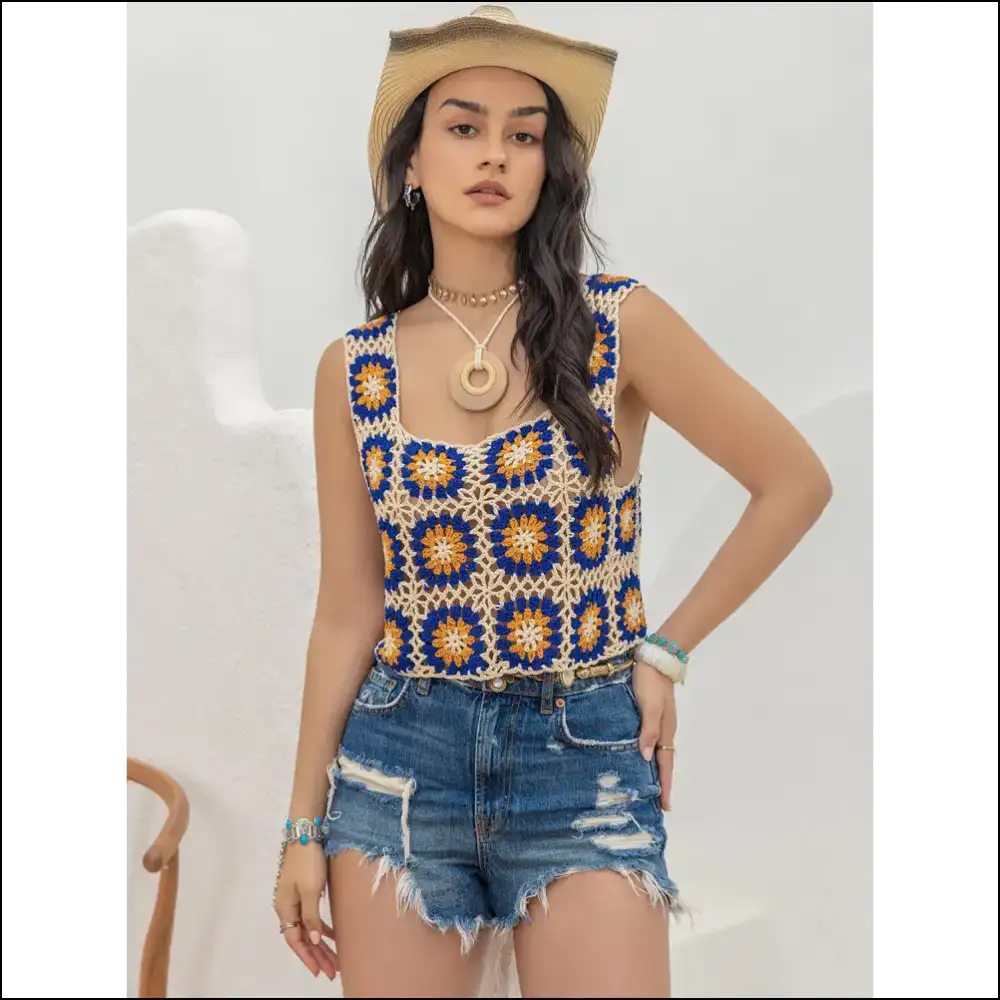 Openwork Graphic Square Neck Tank - Chic & Trendy - Tops on Sale Worldwide Shipping