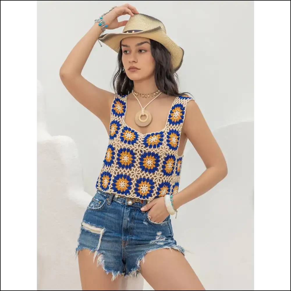 Openwork Graphic Square Neck Tank - Chic & Trendy - Tops on Sale Worldwide Shipping