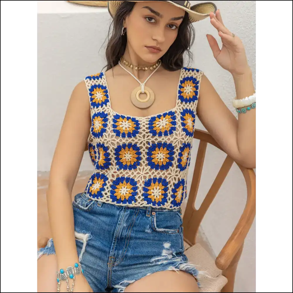 Openwork Graphic Square Neck Tank - Chic & Trendy - Royal Blue / s - Tops on Sale Worldwide Shipping