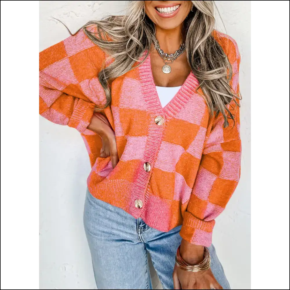 Orange Checkered Cardigan: your Drop Shoulder Bff 🧡 Needful Things - s - Cardigans on Sale Worldwide Shipping