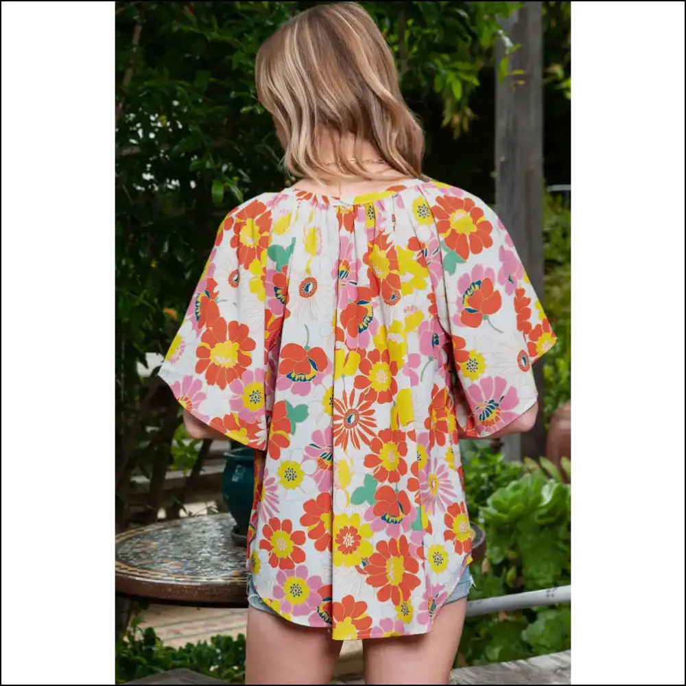 Orange Floral Flutter Sleeve Blouse: Neck Sleeve? We’re Blushing! 🧡 - Blouses on Sale Worldwide Shipping
