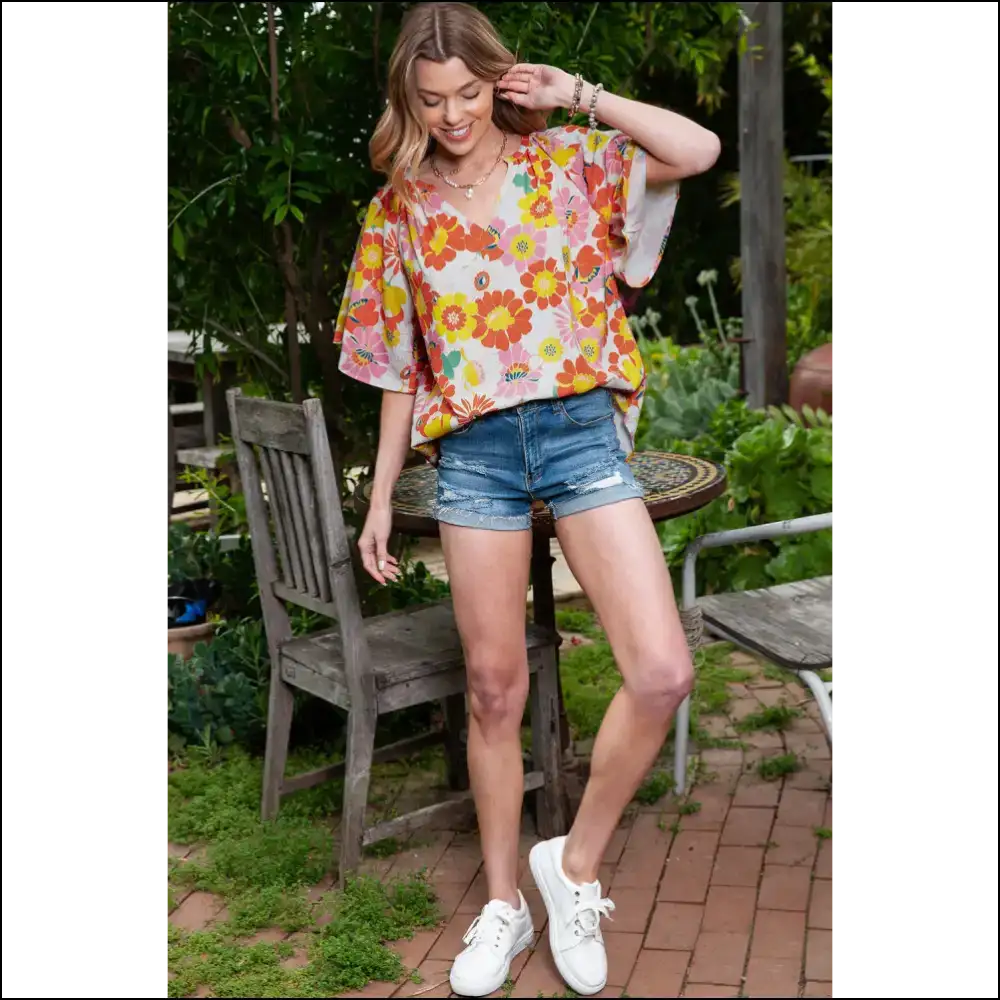 Orange Floral Flutter Sleeve Blouse: Neck Sleeve? We’re Blushing! 🧡 - Blouses on Sale Worldwide Shipping