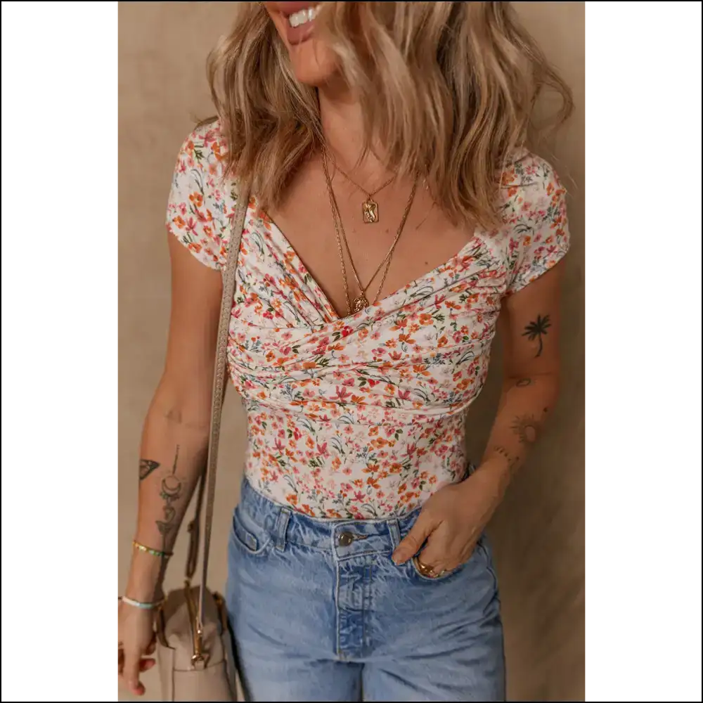 Orange Floral Ruched v Neck Bodysuit: Needful Things Made you do it π - s - Bodysuit on Sale Worldwide Shipping