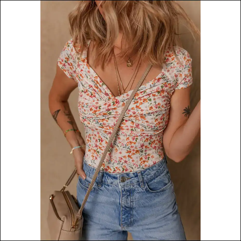 Orange Floral Ruched v Neck Bodysuit: Needful Things Made you do it π - Bodysuit on Sale Worldwide Shipping
