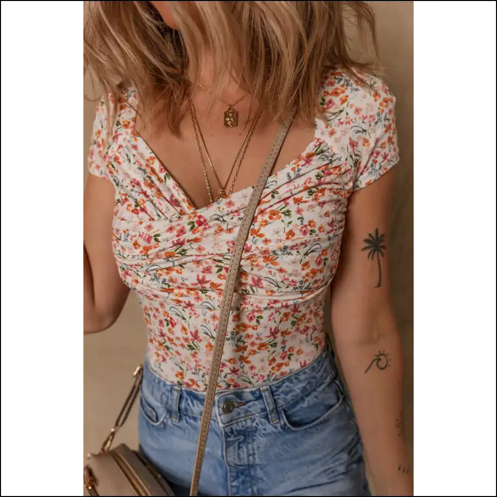 Orange Floral Ruched v Neck Bodysuit: Needful Things Made you do it π - Bodysuit on Sale Worldwide Shipping
