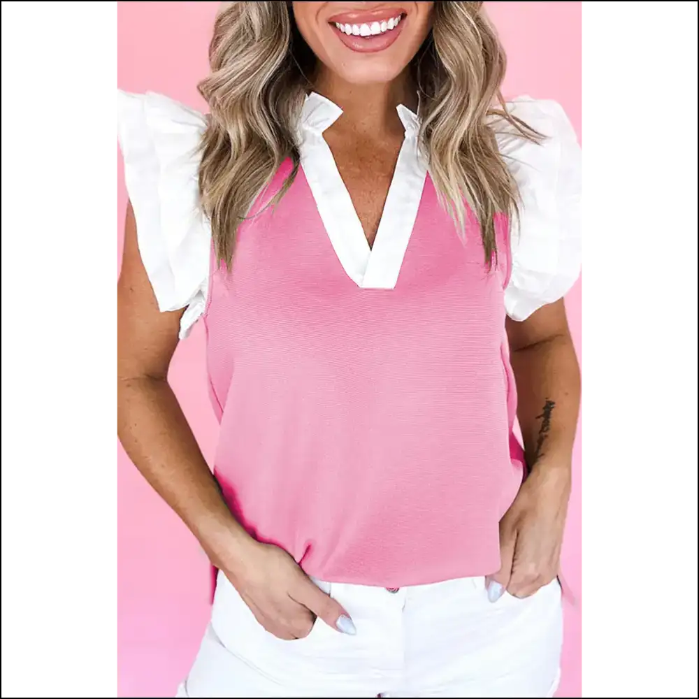 Pale Khaki Frill v Neck Top: Elegance Vomited on a Shirt (in Good Way!) - Pink / s - Sleeveless Shirts Tank Tops on Sale Worldwide Shipping