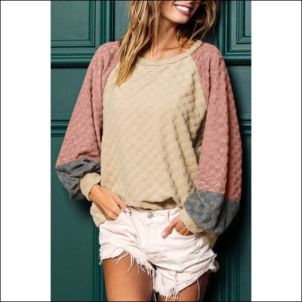 Patchwork Checked Lantern Sleeve: so Fetch! Needful Things. π - Parchment / s - Long Sleeve Tops Shirts & on Sale Worldwide Shipping
