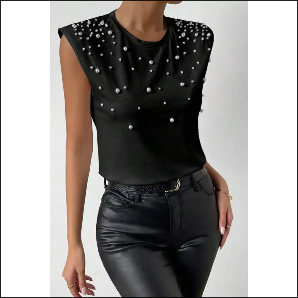 Pearl Detail Round Neck Tank - Chic Elegance - Tops on Sale Worldwide Shipping