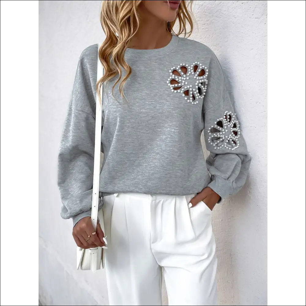 Perfee Cutout Pearl Round Neck Sweatshirt - Sweatshirts & Hoodies on Sale Worldwide Shipping