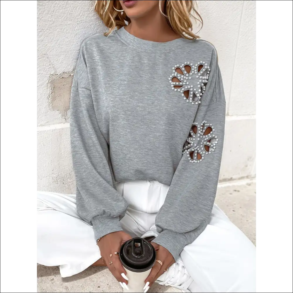 Perfee Cutout Pearl Round Neck Sweatshirt - Sweatshirts & Hoodies on Sale Worldwide Shipping
