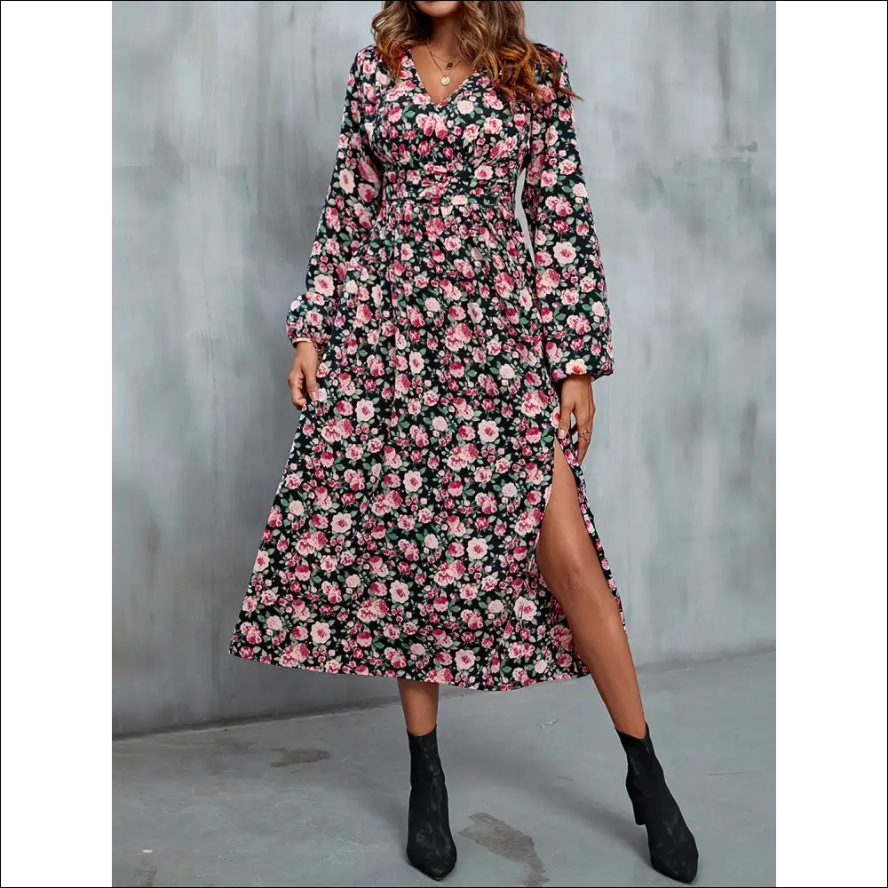 Perfee Floral V-neck Slit Midi Dress - Pink / l - Dresses on Sale Worldwide Shipping