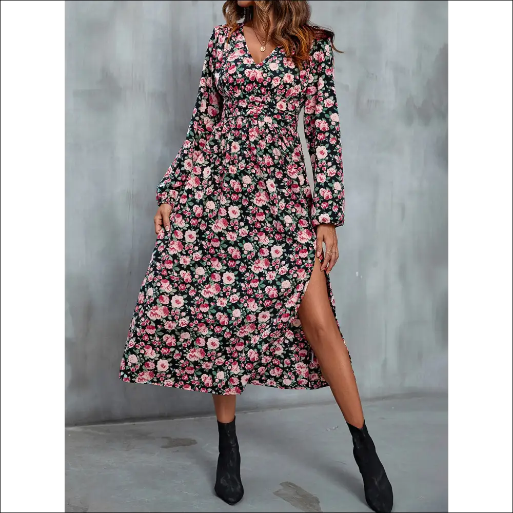 Perfee Floral V-neck Slit Midi Dress - Dresses on Sale Worldwide Shipping