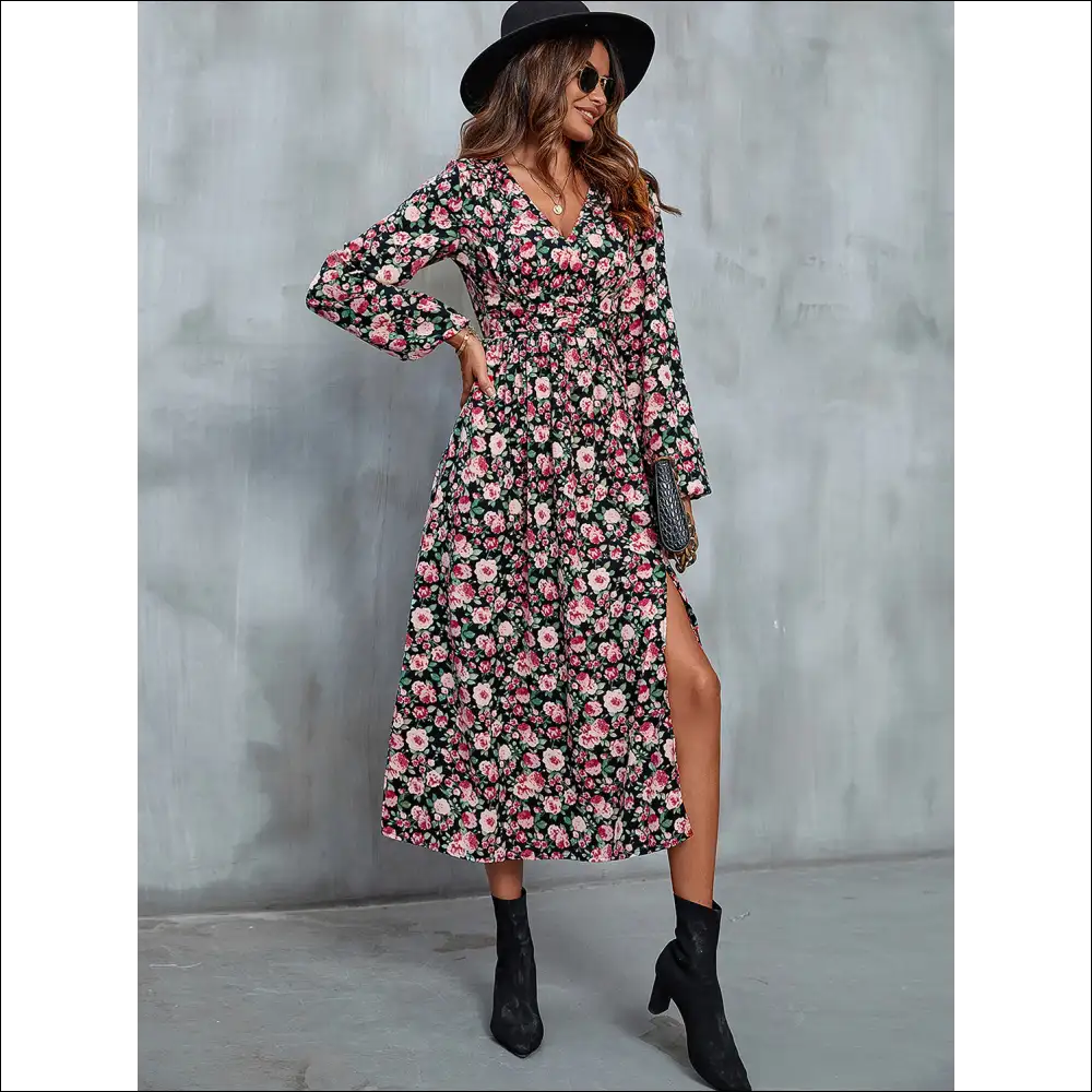 Perfee Floral V-neck Slit Midi Dress - Dresses on Sale Worldwide Shipping