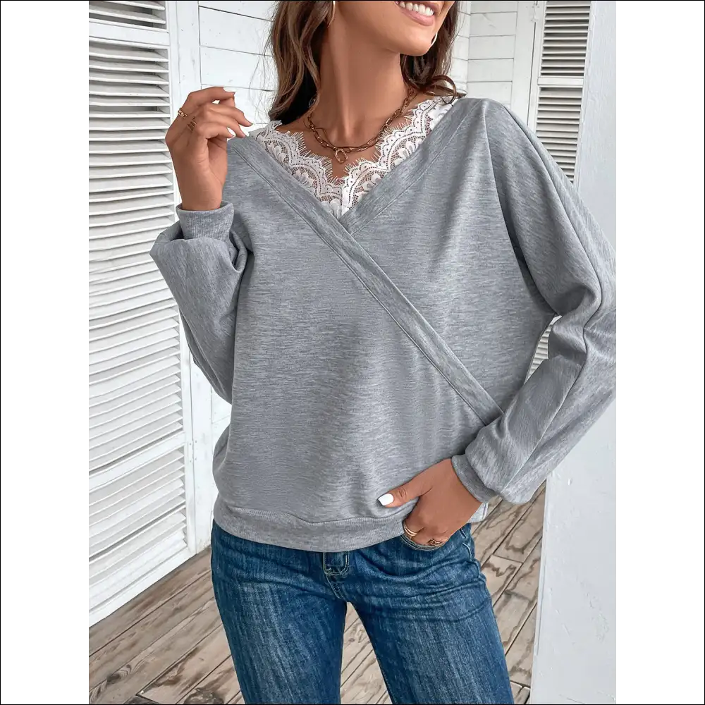 Perfee Lace Detail Long Sleeve Top - Blouses on Sale Worldwide Shipping