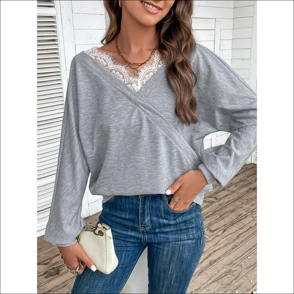 Perfee Lace Detail Long Sleeve Top - Blouses on Sale Worldwide Shipping
