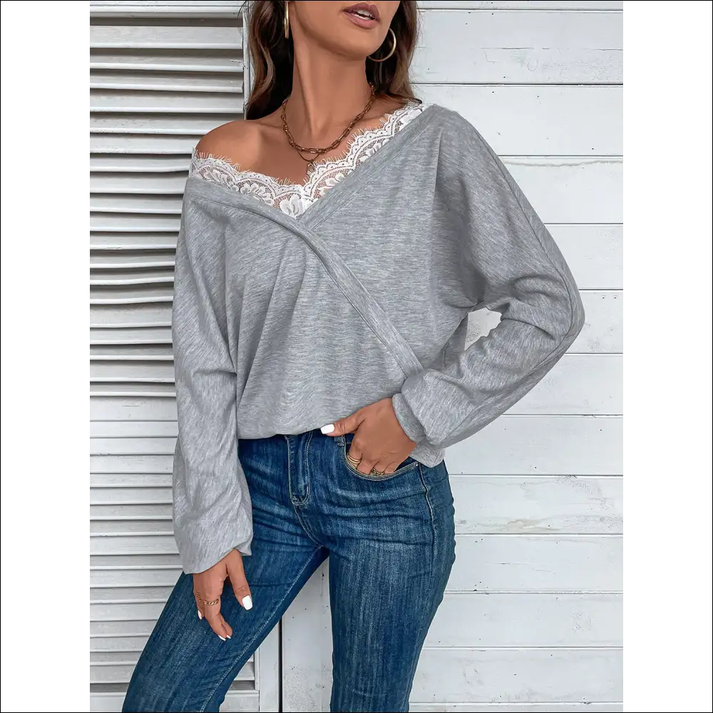 Perfee Lace Detail Long Sleeve Top - Blouses on Sale Worldwide Shipping