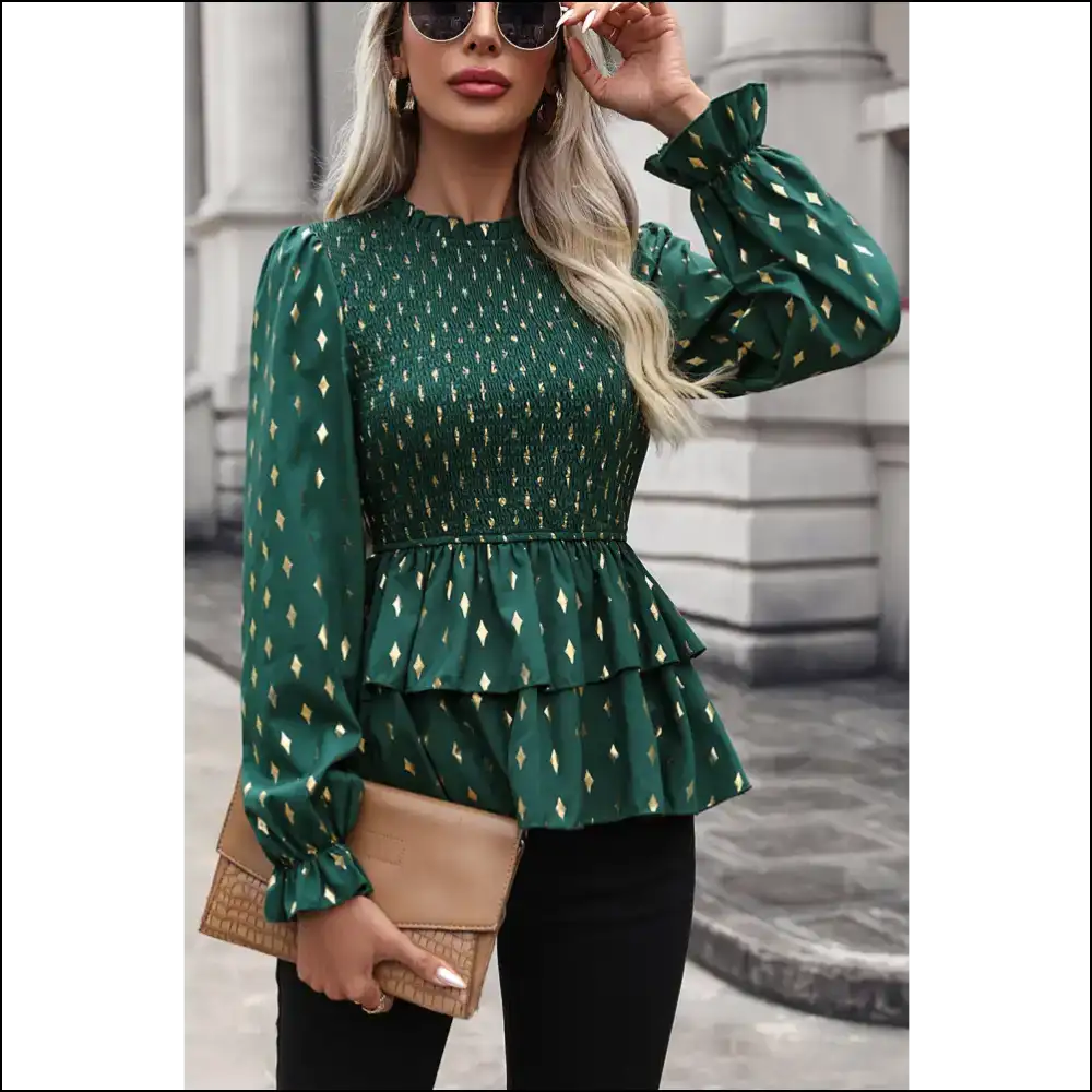 Perfee Smocked Flounce Sleeve Blouse - Green / m - Blouses on Sale Worldwide Shipping