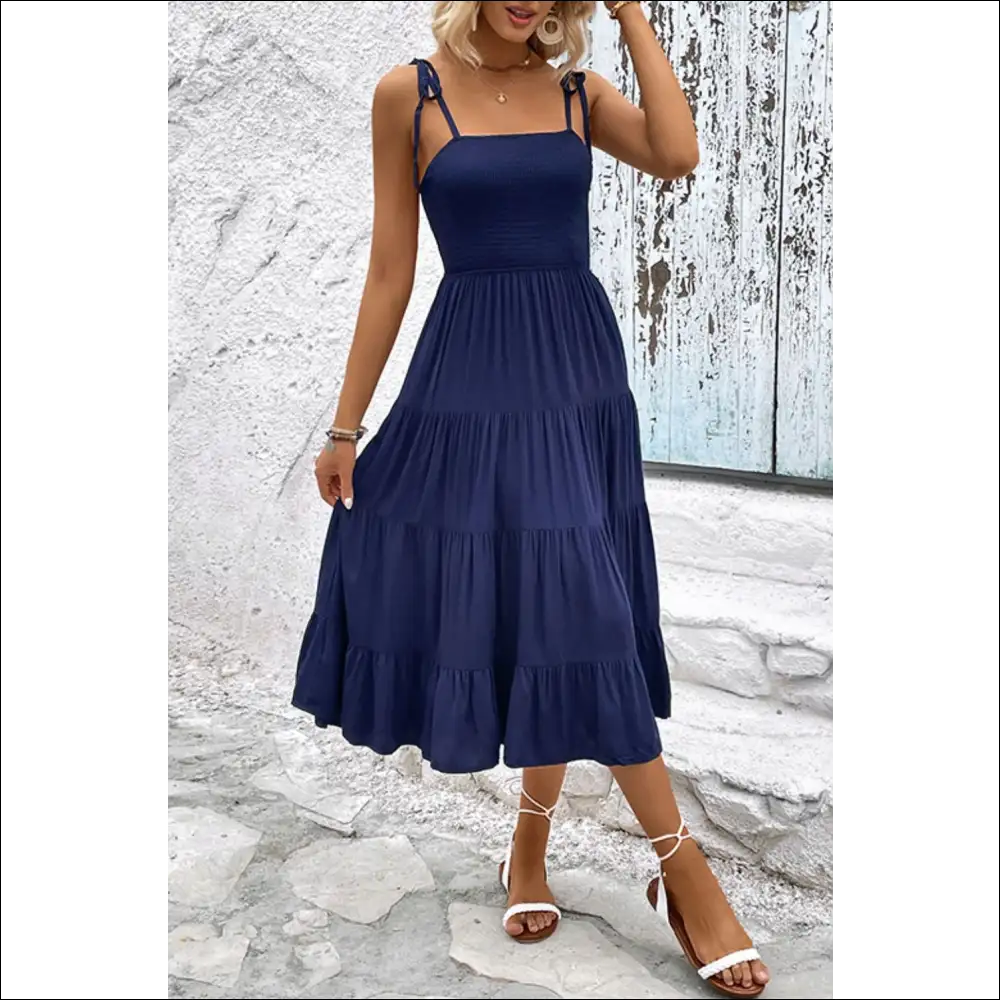 Perfee Tie-shoulder Tiered Midi Dress - Dark Blue / s - Dresses on Sale Worldwide Shipping