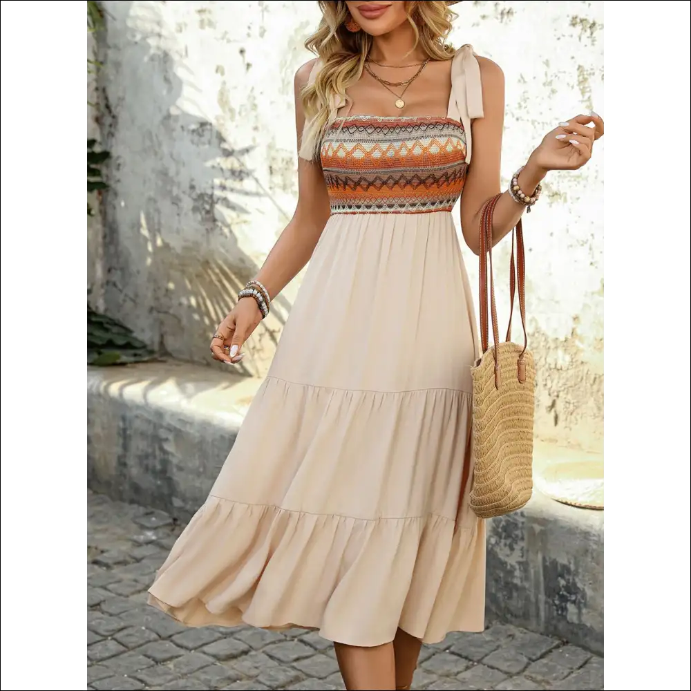 Perfee Tied Smocked Tiered Midi Cami Dress - Tan / s - Dresses on Sale Worldwide Shipping
