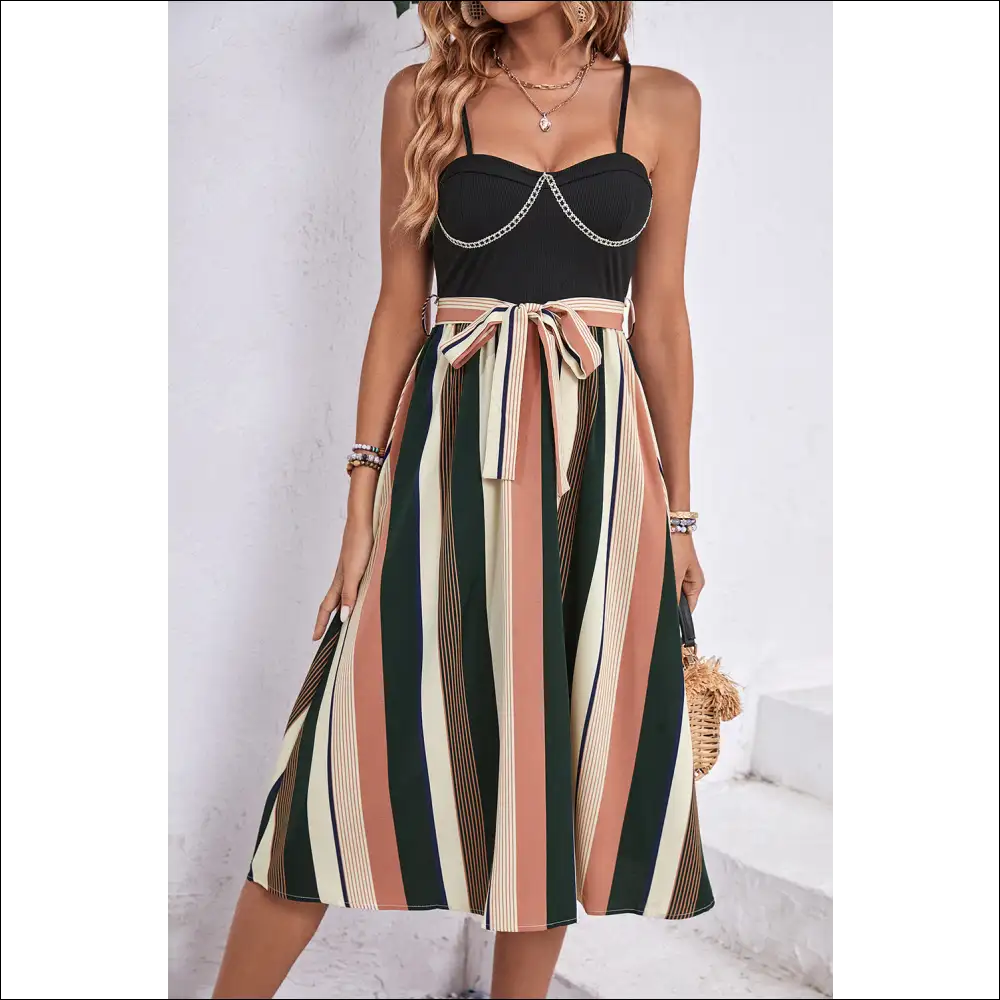 Playful Perfee Tied Striped Spaghetti Strap Dress - Black / Xl - Dresses on Sale Worldwide Shipping