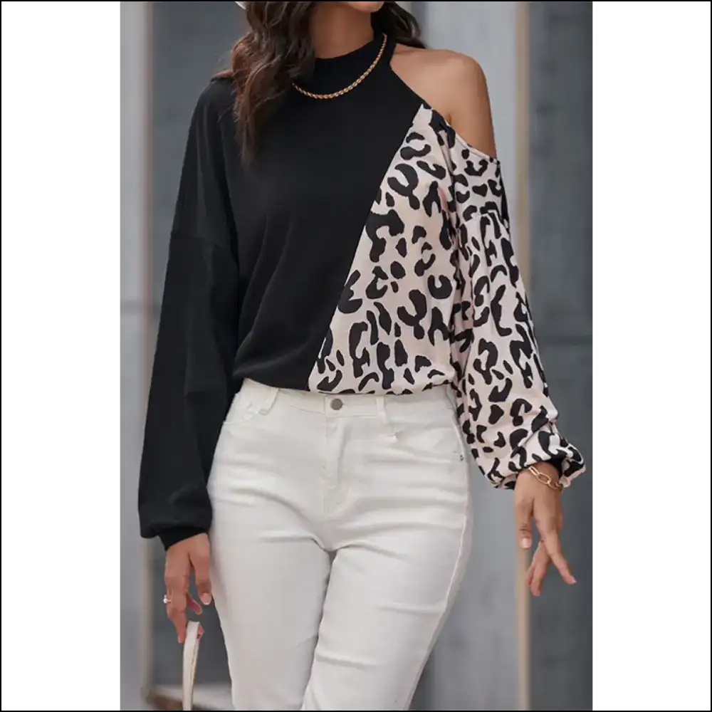 Perfee Two-tone Leopard Cold Shoulder Top - Blouses on Sale Worldwide Shipping