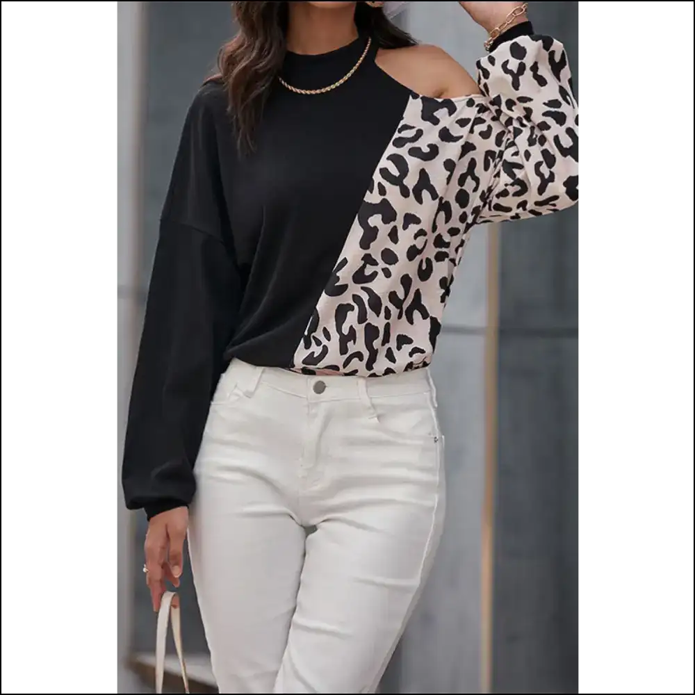 Perfee Two-tone Leopard Cold Shoulder Top - Blouses on Sale Worldwide Shipping