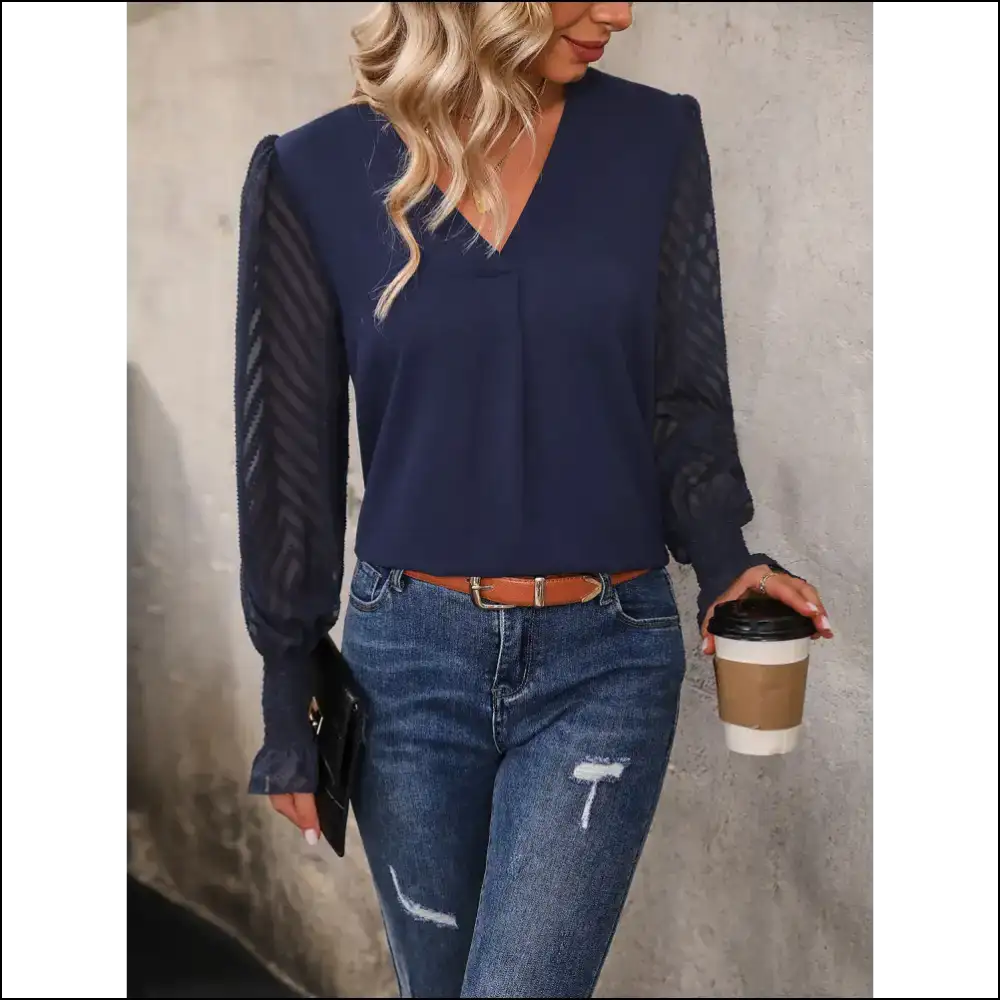 Perfee V-neck Long Mesh Sleeve Top - Blouses on Sale Worldwide Shipping