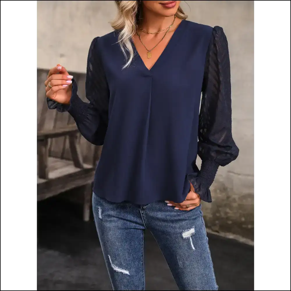 Perfee V-neck Long Mesh Sleeve Top - Blouses on Sale Worldwide Shipping