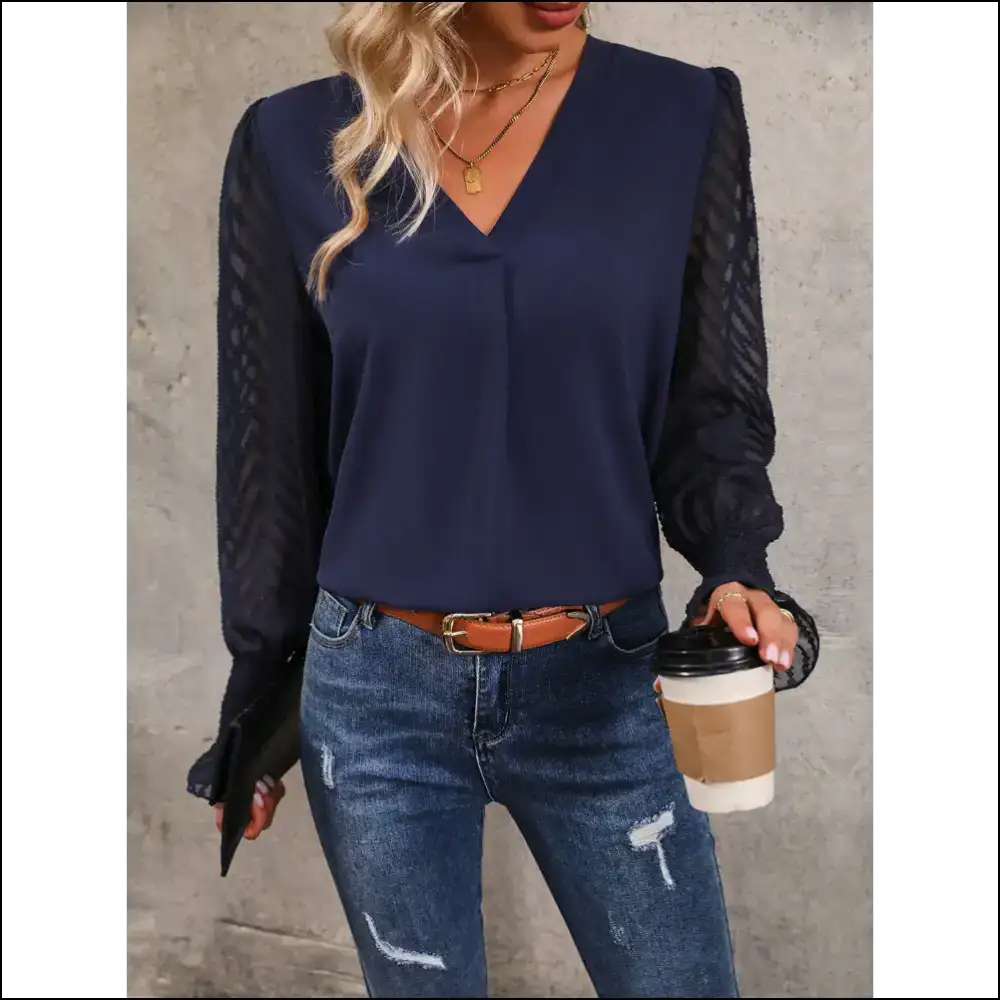 Perfee V-neck Long Mesh Sleeve Top - Blouses on Sale Worldwide Shipping