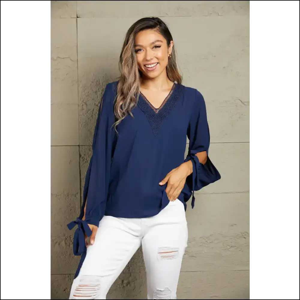Perfee V-neck Tie Cuff Slit Blouse - Dark Blue / m - Blouses on Sale Worldwide Shipping