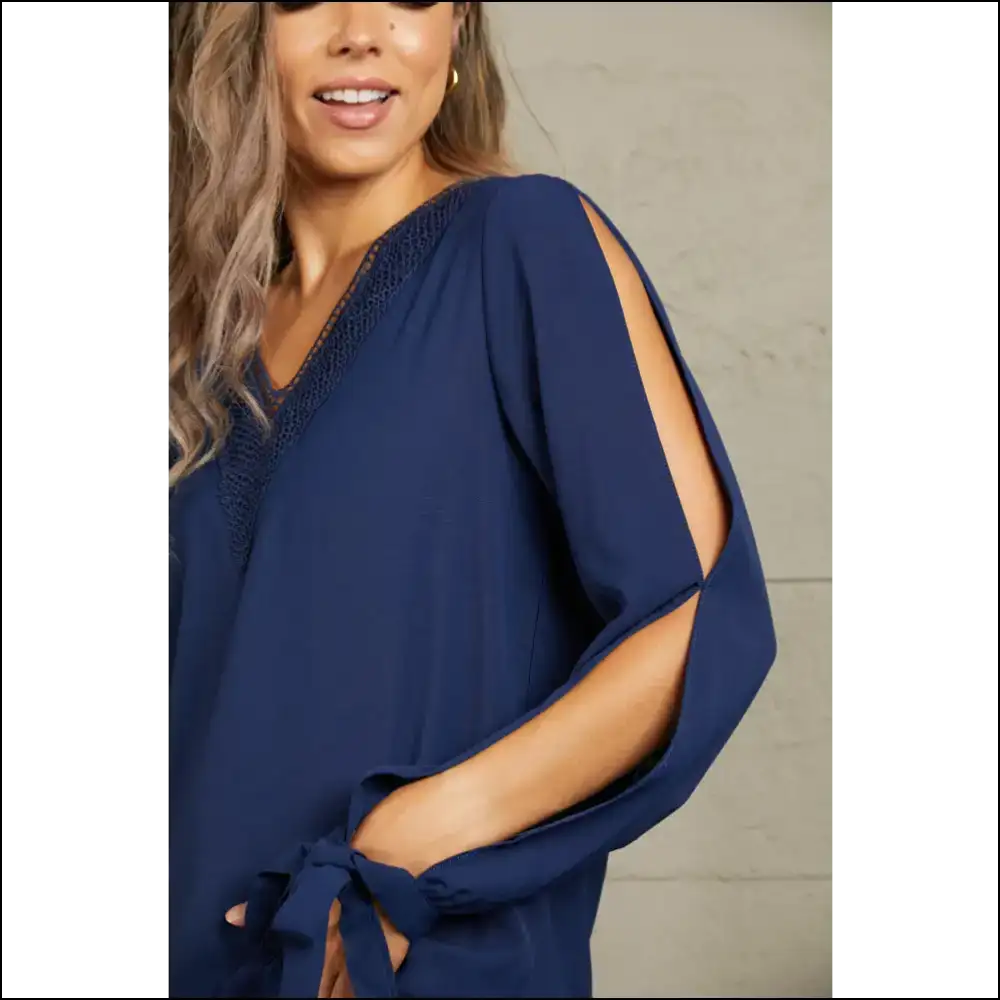 Perfee V-neck Tie Cuff Slit Blouse - Blouses on Sale Worldwide Shipping