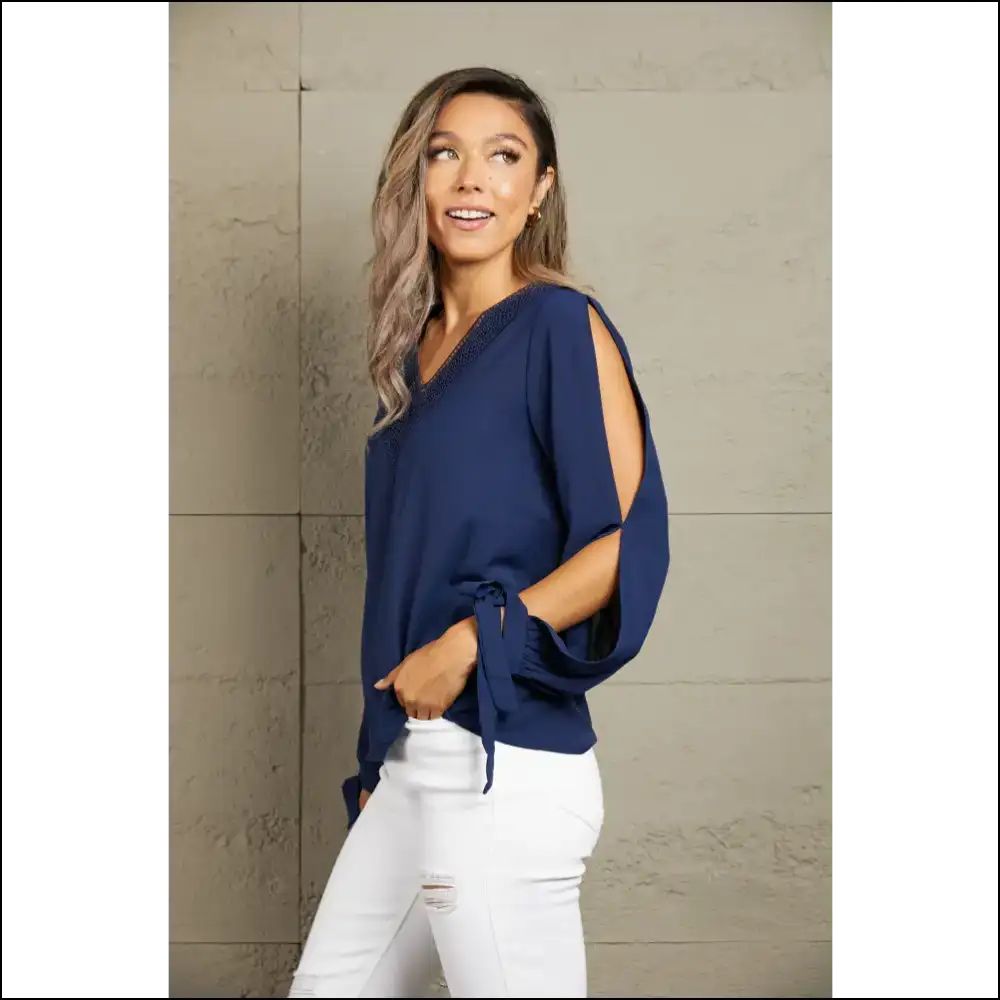 Perfee V-neck Tie Cuff Slit Blouse - Blouses on Sale Worldwide Shipping