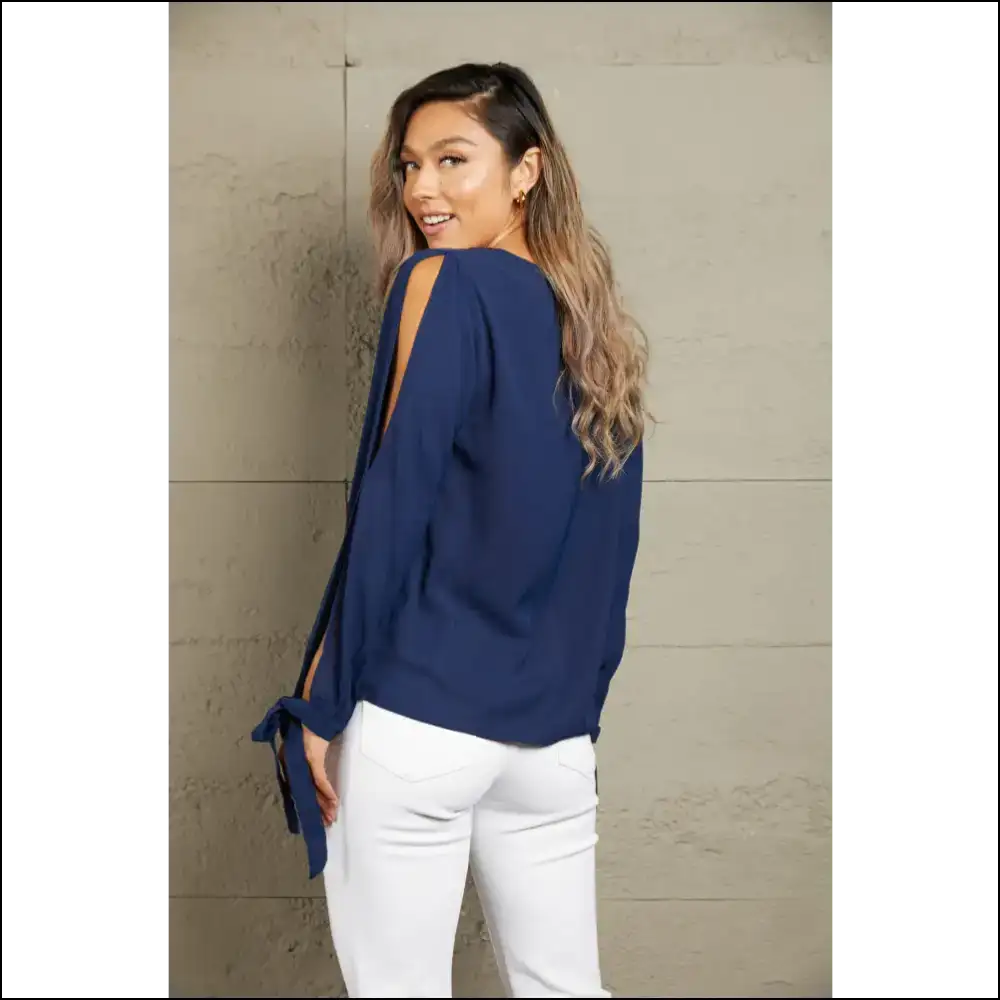 Perfee V-neck Tie Cuff Slit Blouse - Blouses on Sale Worldwide Shipping