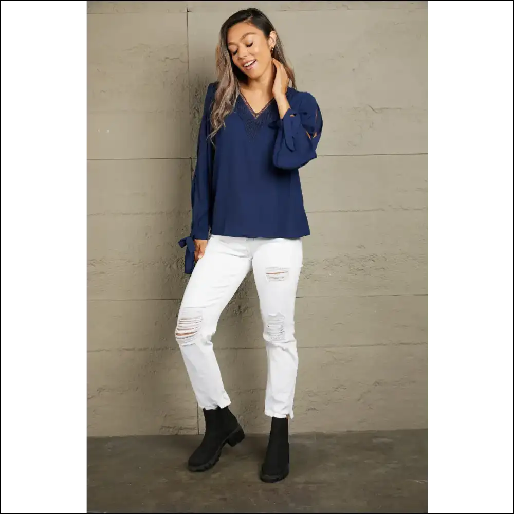 Perfee V-neck Tie Cuff Slit Blouse - Blouses on Sale Worldwide Shipping