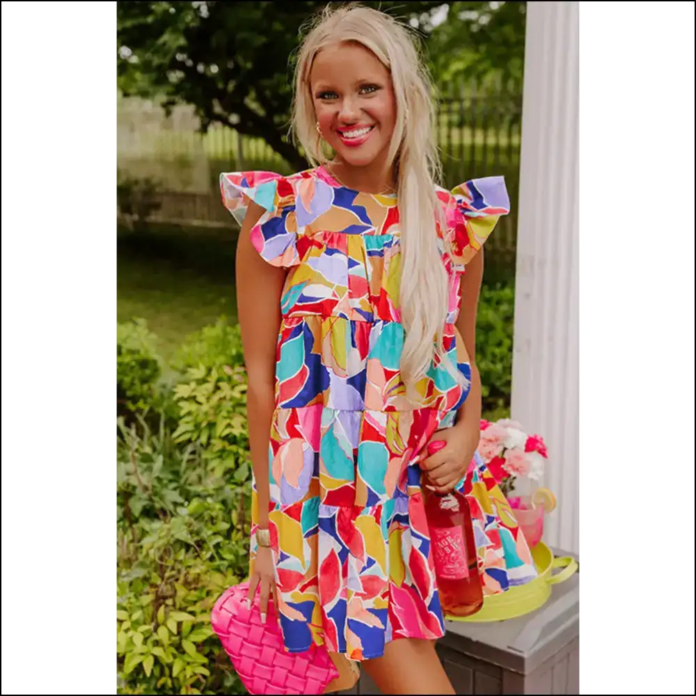 Pink Abstract Flutter Sleeve Mini Dress: Dangerously Cute π - Short Dresses on Sale Worldwide Shipping