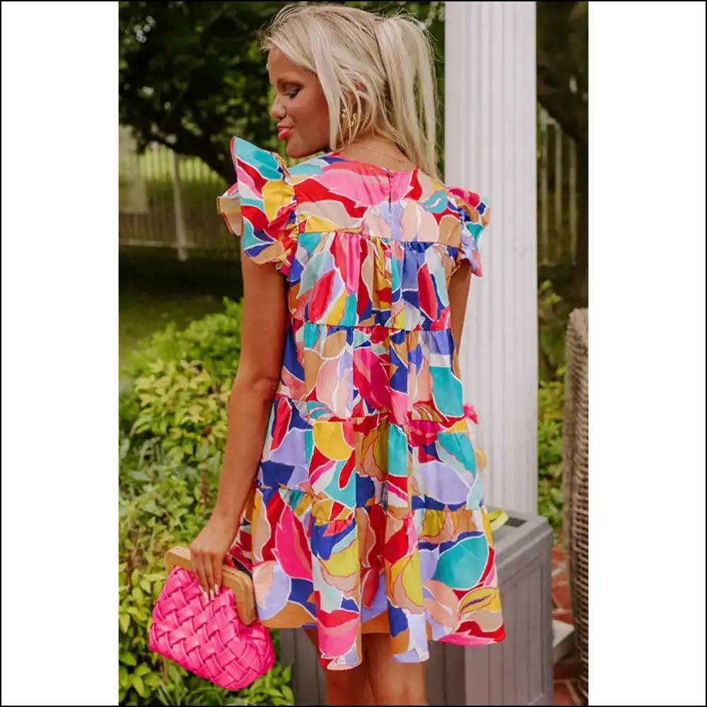 Pink Abstract Flutter Sleeve Mini Dress: Dangerously Cute π - Short Dresses on Sale Worldwide Shipping