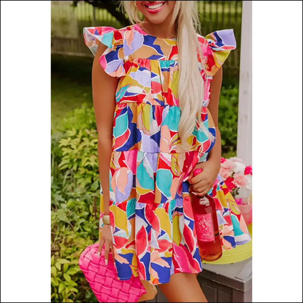 Pink Abstract Flutter Sleeve Mini Dress: Dangerously Cute π - s - Short Dresses on Sale Worldwide Shipping
