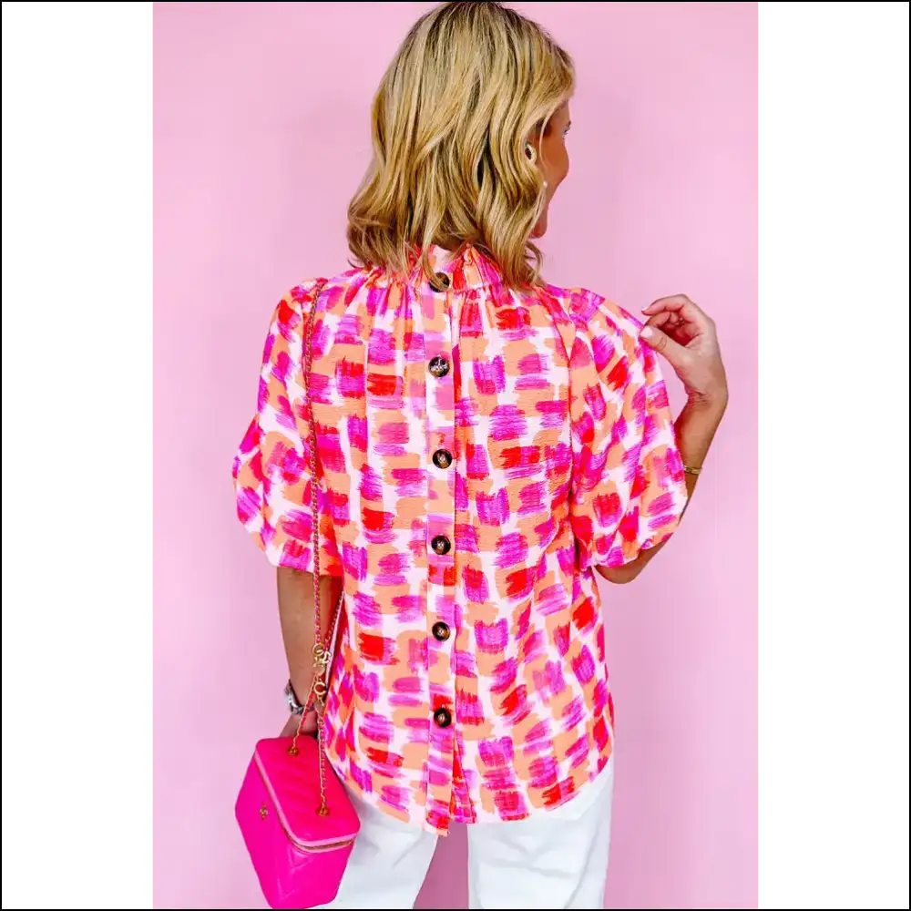 Pink Abstract Print Frill Neck Blouse: Uniqueness you can Wear - Blouses on Sale Worldwide Shipping