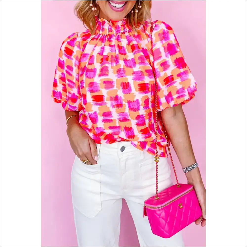 Pink Abstract Print Frill Neck Blouse: Uniqueness you can Wear - s - Blouses on Sale Worldwide Shipping