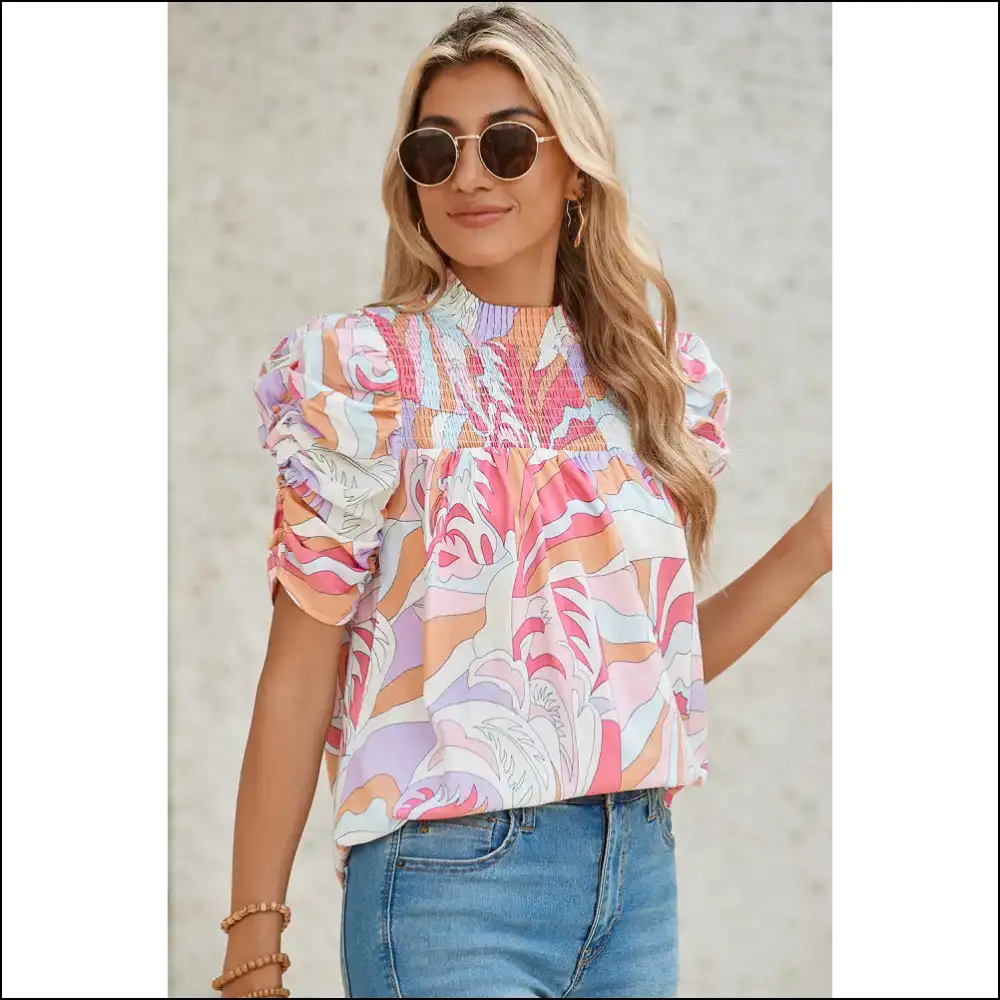 Pink Abstract Print Smocked: your Personality now Wearable π Needful Things - Green / s - Blouses on Sale Worldwide Shipping