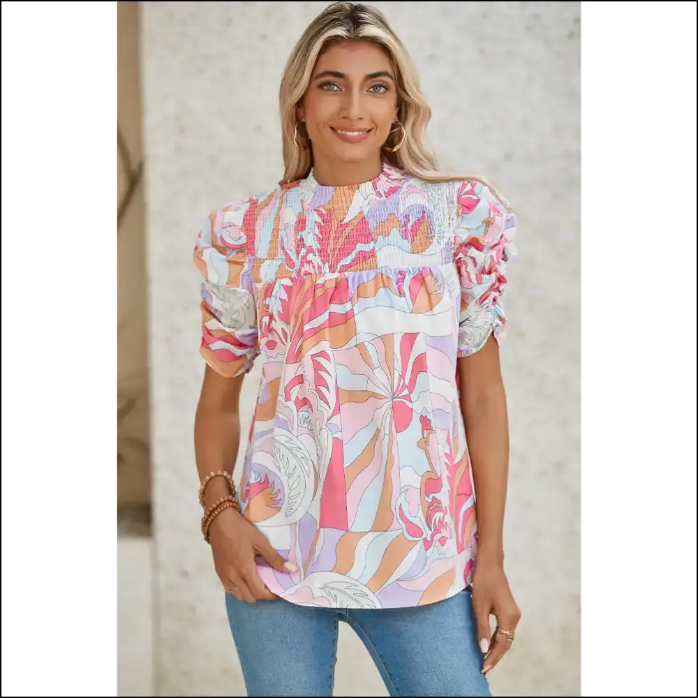 Pink Abstract Print Smocked: your Personality now Wearable π Needful Things - Blouses on Sale Worldwide Shipping