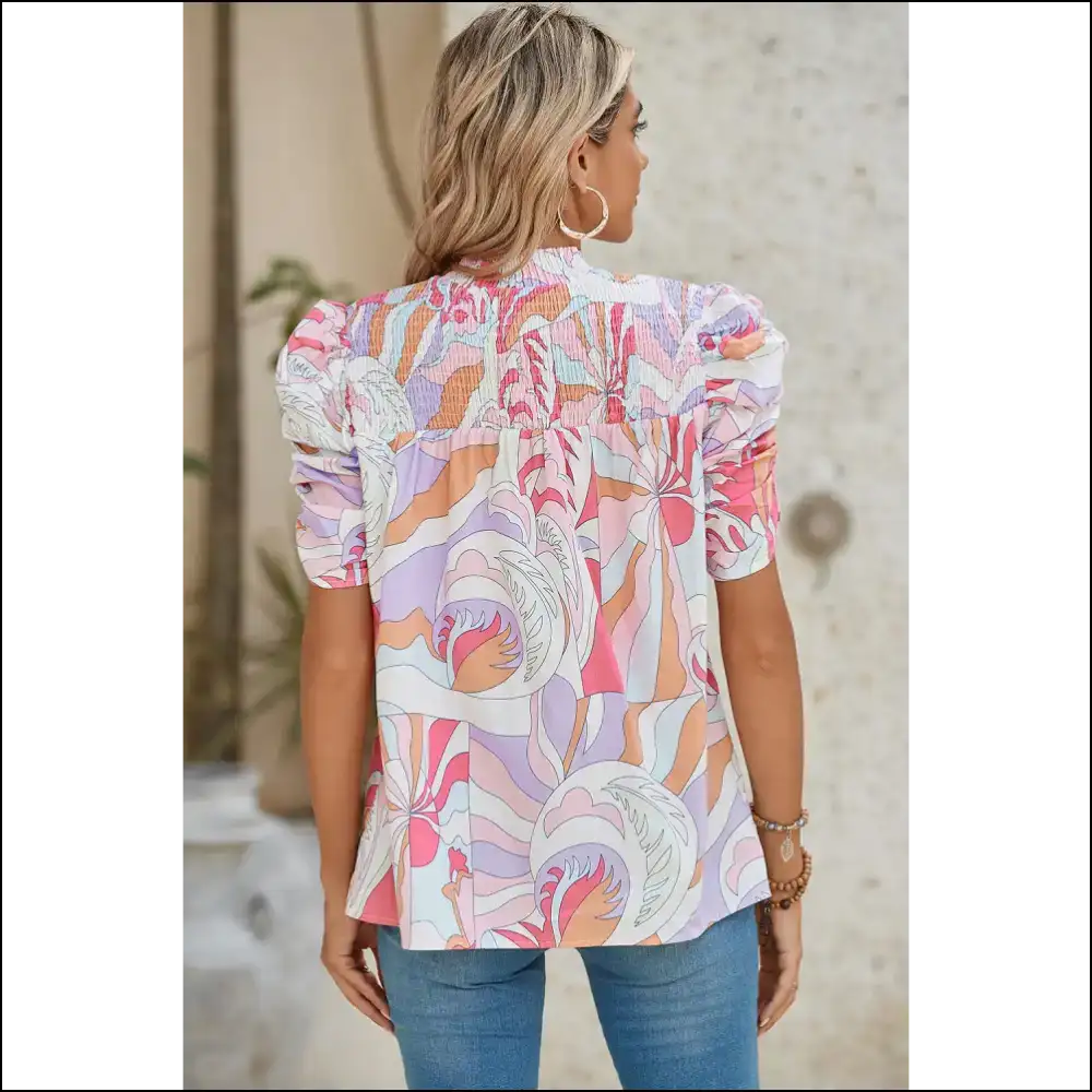 Pink Abstract Print Smocked: your Personality now Wearable π Needful Things - Blouses on Sale Worldwide Shipping