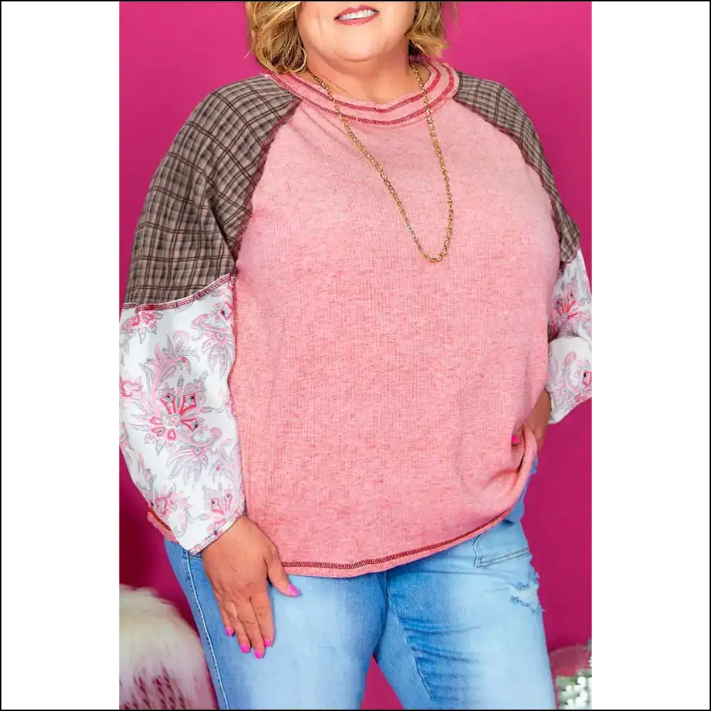 Pink Checkered Patchwork Raglan: Slay Needful Things! π - 1x - Plus Size Tops on Sale Worldwide Shipping