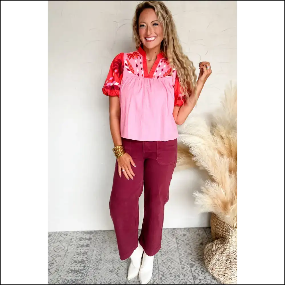 Pink Floral Embroidered Puff: Slay Queen! π - Blouses on Sale Worldwide Shipping