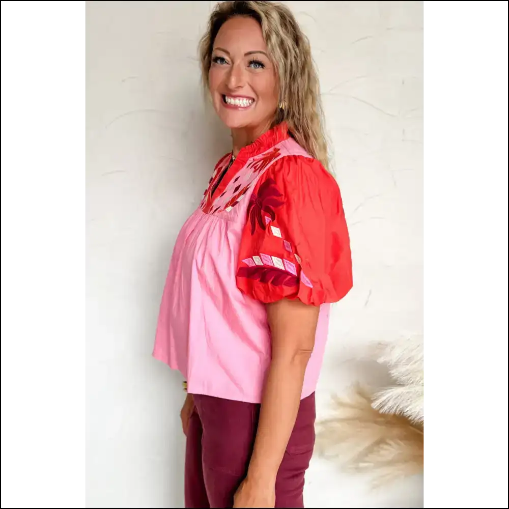 Pink Floral Embroidered Puff: Slay Queen! π - Blouses on Sale Worldwide Shipping