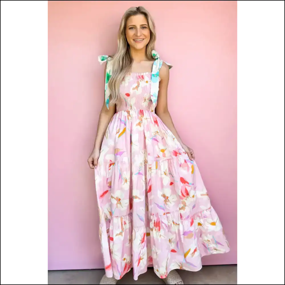 Pink Floral Maxi Dress: Prepare for Compliments! Knotted Shoulder Perfection from Needful Things. 💖 - Dresses on Sale Worldwide Shipping