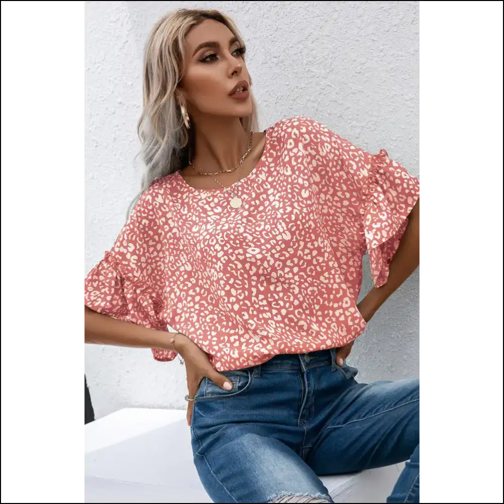 Pink Leopard Print Flounce Sleeve Blouse: Purr-fectly Wild! ๐ Needful Things - Blouses on Sale Worldwide Shipping