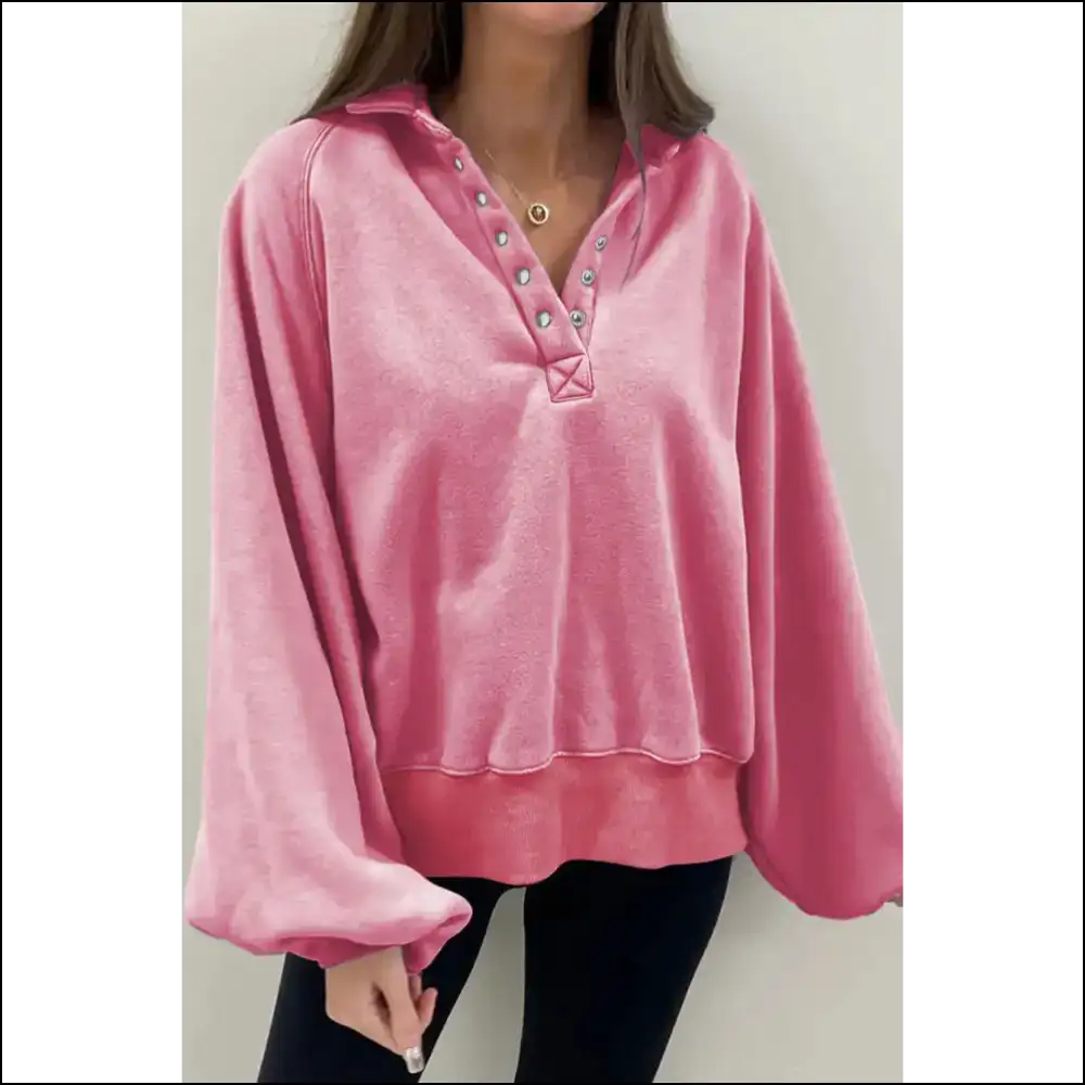 Pink Solid Snap Buttons Balloon Sleeve: so Comfy It’s Criminal 😈 Needful Things - s - Sweatshirts & Hoodies on Sale Worldwide Shipping