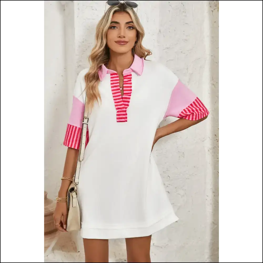 Pink Stripe Mini Dress: Preppy and Ready to Party 🥳 - White / s - Short Dresses on Sale Worldwide Shipping