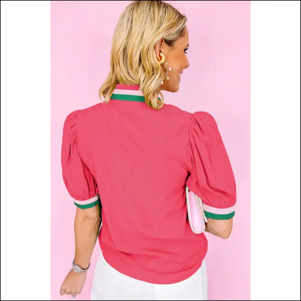 Pink Stripe Puff Sleeve Blouse Queen Vibes - Blouses on Sale Worldwide Shipping